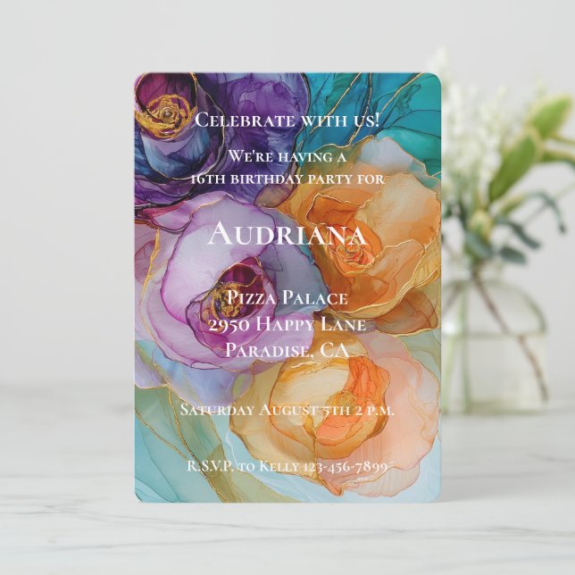 Invitación Rosas Púrpura Peach Amarillo Floral Cumpleaños (Anverso de pie)