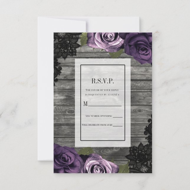 Invitación Rosas púrpura profundas Rustic madera Encaje negro (Anverso)