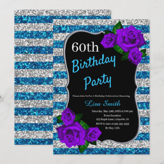 Invitación Rosas púrpura Purpurina de las franjas azules plat