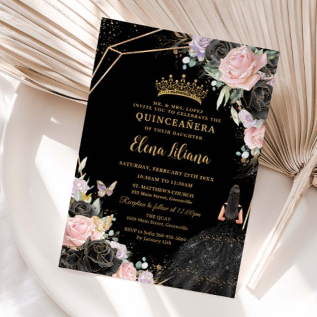 Invitación Rosas Púrpura Rosa Negro Vestidos Dorado Quinceañe (Subido por el creador)