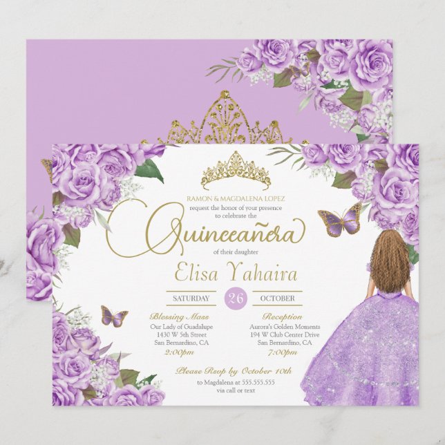 Invitación Rosas púrpura Tíara de oro mariposa elegante quinc (Anverso / Reverso)