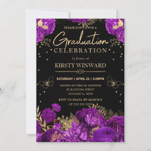 Invitación Rosas púrpura y doradas Floral Graduación