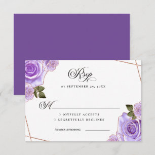 Invitación Rosas Purpura y Dorado Glitter RSVP Boda