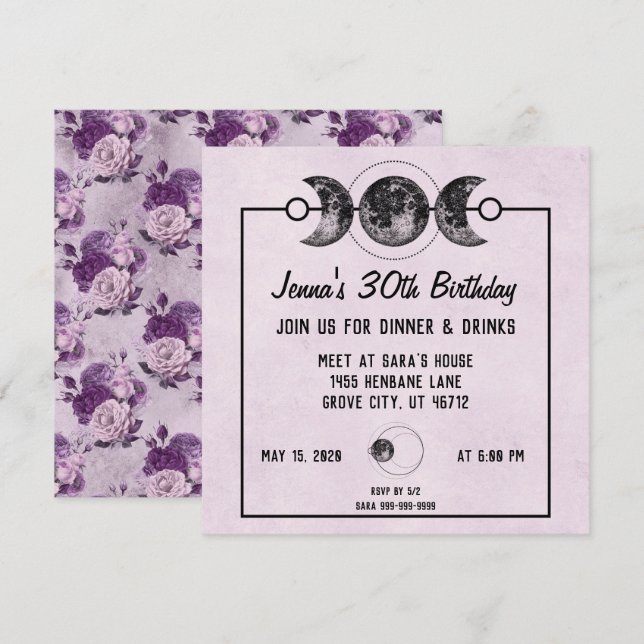 Invitación Rosas púrpura y fantasía cumpleaños invita (Anverso / Reverso)
