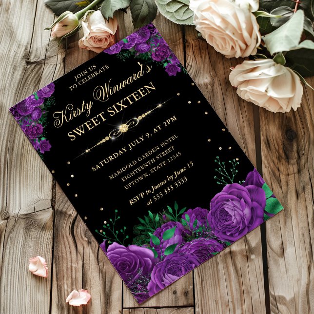 Invitación Rosas púrpuras bordeando dulce floral dieciséis (Subido por el creador)
