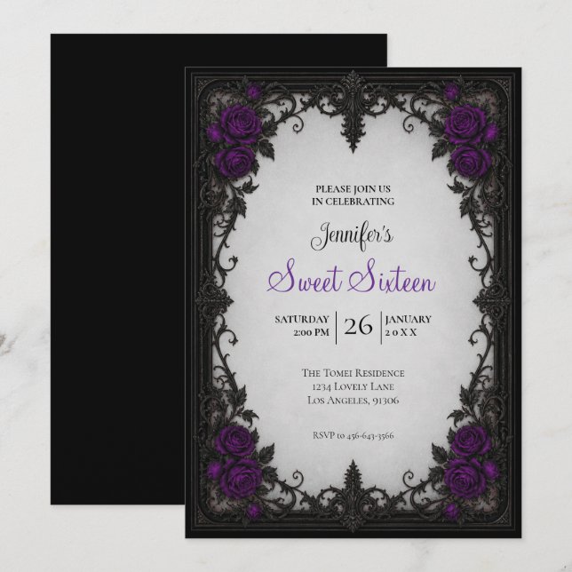 Invitación Rosas púrpuras Cumpleaños Sweet 16 (Anverso / Reverso)
