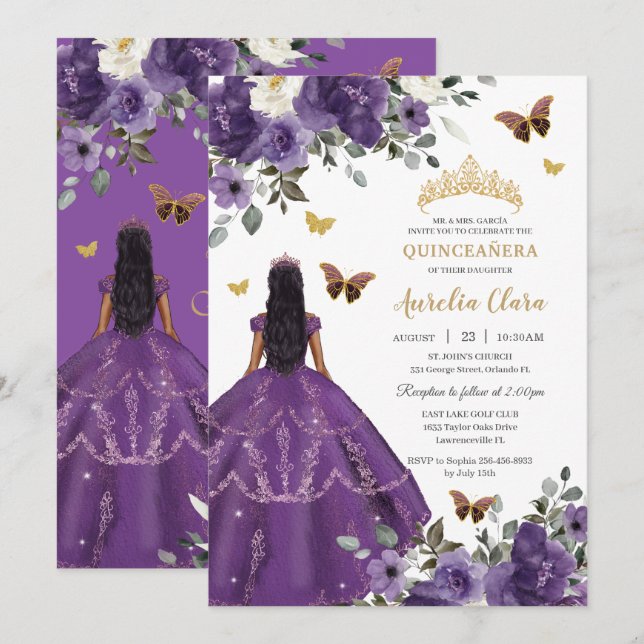 Invitación Rosas púrpuras de la princesa Quinceañera vestidos (Anverso / Reverso)