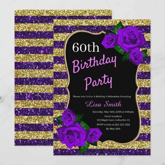 Invitación Rosas púrpuras de oro Purpurina de cumpleaños (Anverso / Reverso)