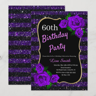 Invitación Rosas púrpuras de rayas negras Purpurinas moradas