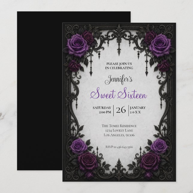 Invitación Rosas púrpuras dulces 16 cumpleaños (Anverso / Reverso)
