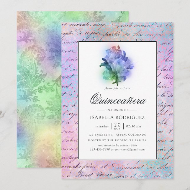 Invitación Rosas púrpuras esparcen y Damask Quinceañera (Anverso / Reverso)