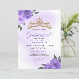 Invitación Rosas púrpuras Golden Tiara Quinceañera Cumpleaños