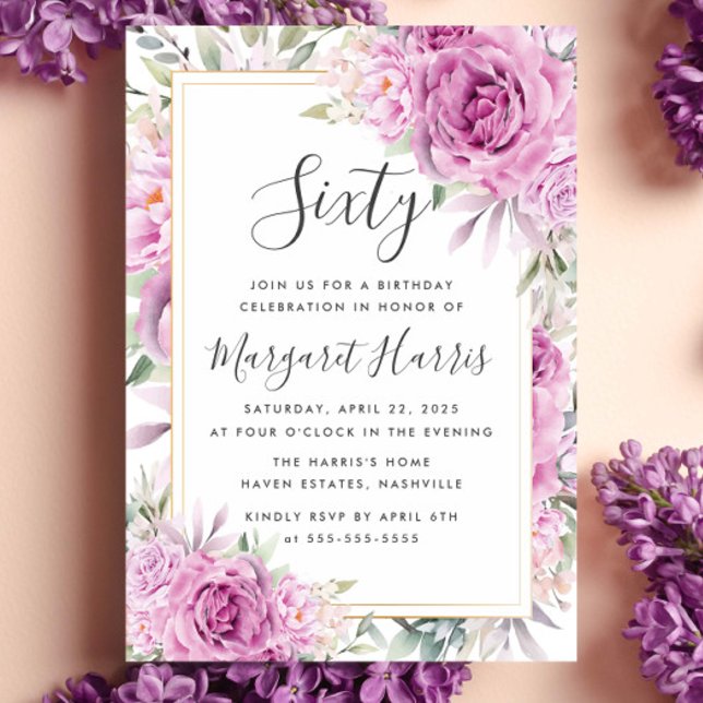 Invitación Rosas púrpuras marco dorado floral 60 cumpleaños n (Subido por el creador)