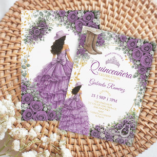 Invitación Rosas púrpuras occidentales Quinceañera dorada del