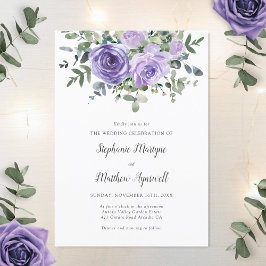 Invitación Rosas púrpuras polvorientas Eucalyptus Boda botáni