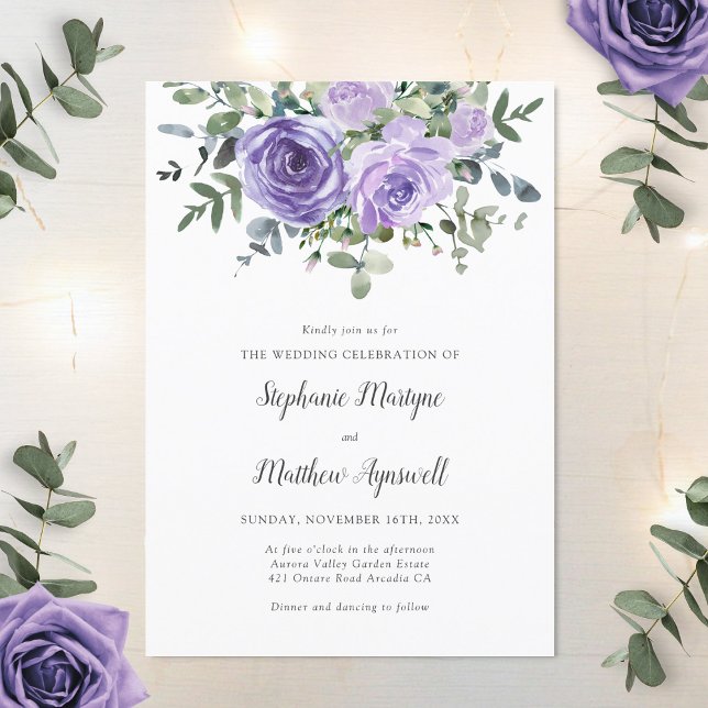 Invitación Rosas púrpuras polvorientas Eucalyptus Boda botáni (Subido por el creador)