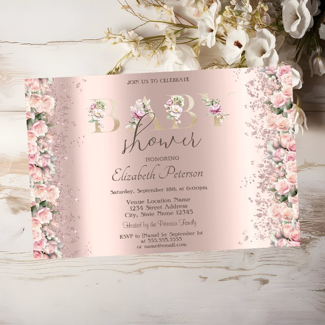 Invitación Rosas Purpurina Confetti Rosa Gold Baby Shower (Subido por el creador)