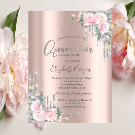 Invitación Rosas, Purpurina de plata gotea Rosa de oro Quince