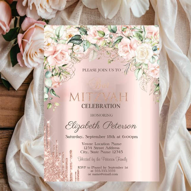 Invitación Rosas Purpurina Drin Rosa Bat de oro Mitzvah (Subido por el creador)
