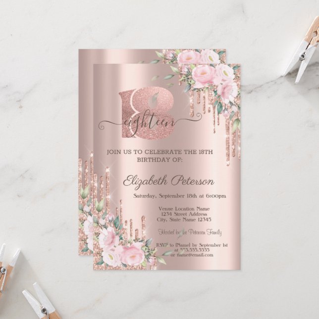 Invitación Rosas Purpurina Drips Rosa Oro 18 cumpleaños (Anverso/Reverso In Situ)
