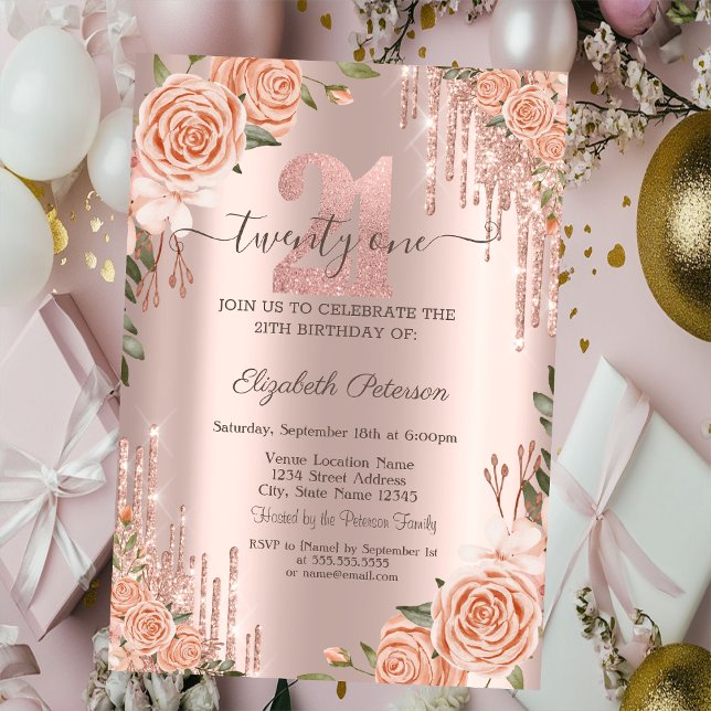 Invitación Rosas Purpurina Drips Rosa Oro 21 cumpleaños (Subido por el creador)