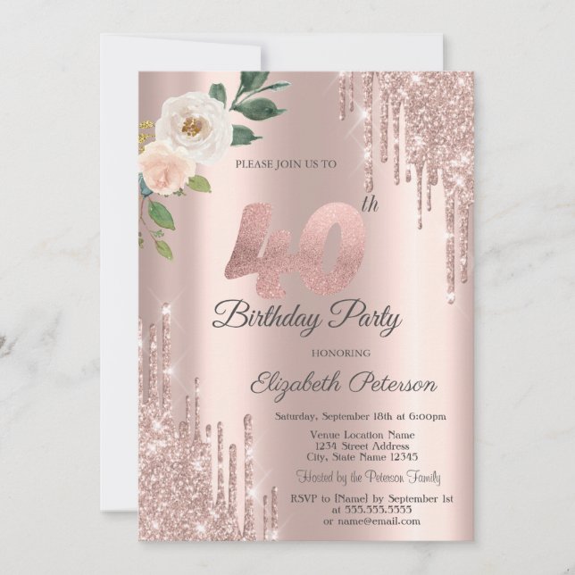 Invitación Rosas Purpurina Drips Rosa Oro 40 cumpleaños (Anverso)