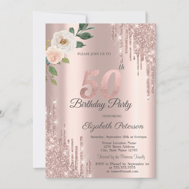 Invitación Rosas Purpurina Drips Rosa Oro 50 cumpleaños (Anverso)