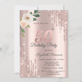 Invitación Rosas Purpurina Drips Rosa Oro 50 cumpleaños