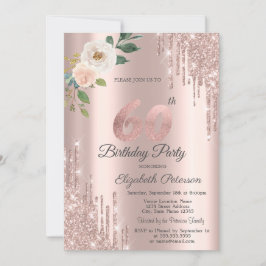 Invitación Rosas Purpurina Drips Rosa Oro 60 cumpleaños
