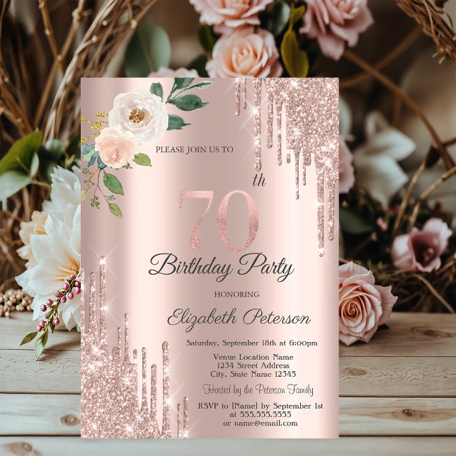 Invitación Rosas Purpurina Drips Rosa Oro 70 cumpleaños (Subido por el creador)