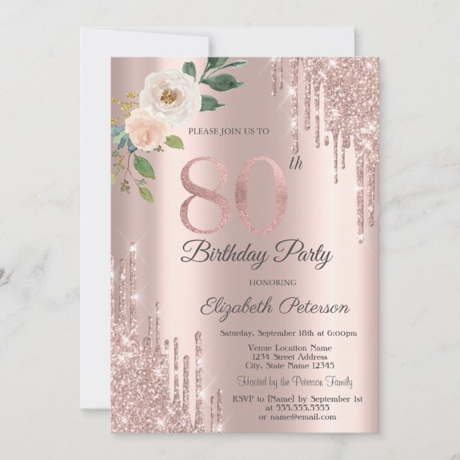 Invitación Rosas Purpurina Drips Rosa Oro 80 cumpleaños (Anverso)
