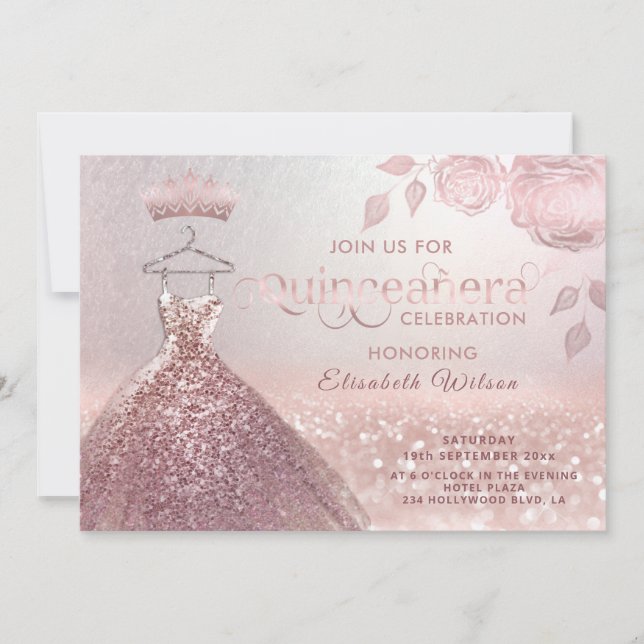 Invitación Rosas purpurina secuela rosa vestido de oro Quince (Anverso)
