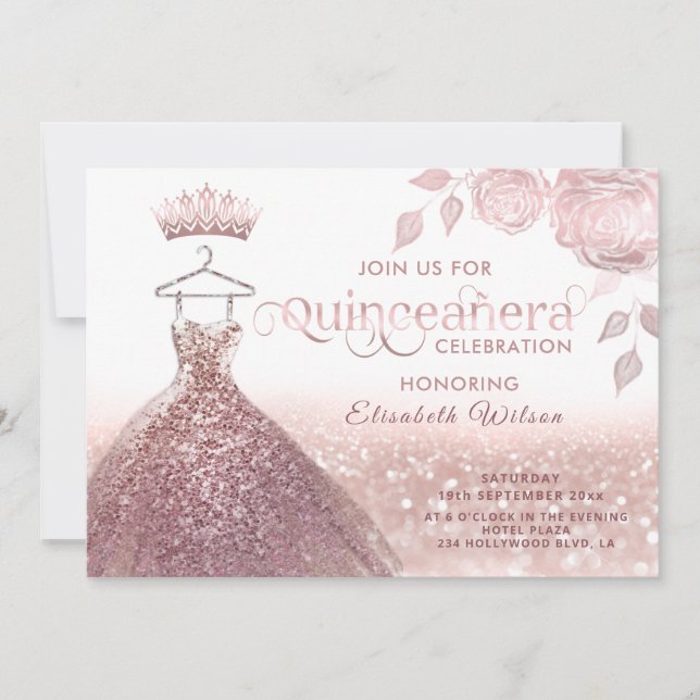 Invitación Rosas purpurina secuela rosa vestido de oro Quince (Anverso)