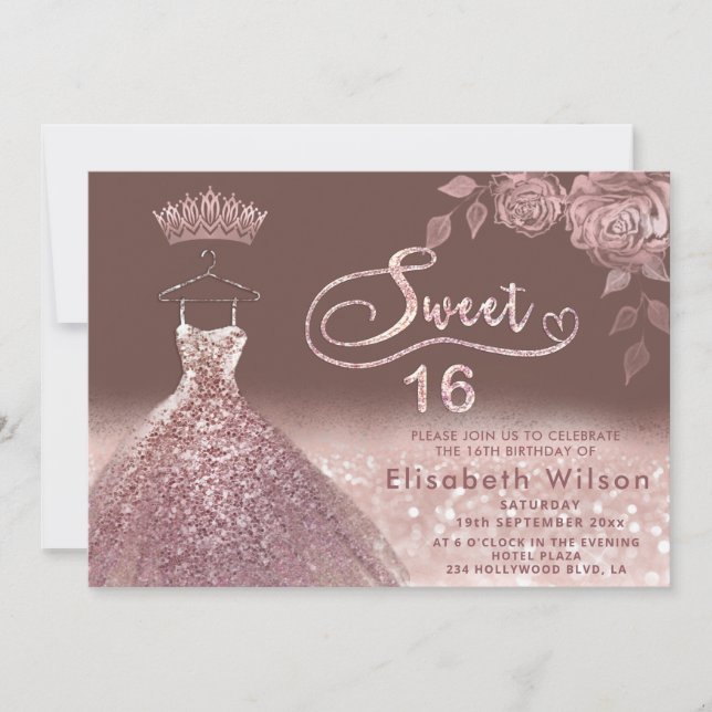 Invitación Rosas purpurina secuela vestido rosa de oro (Anverso)