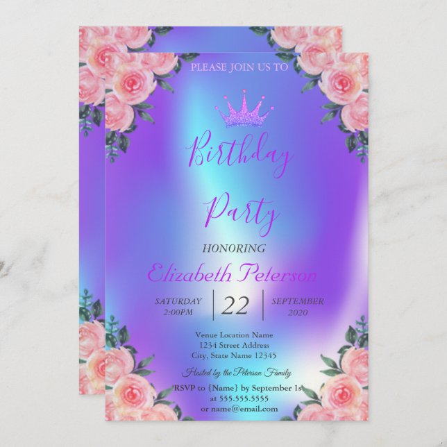 Invitación Rosas purpurina Tiara Ombre Holographic Cumpleaños (Anverso / Reverso)