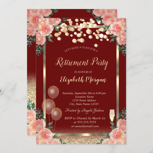 Invitación Rosas Purpurinas de globos de vidrio retirados de  (Anverso / Reverso)