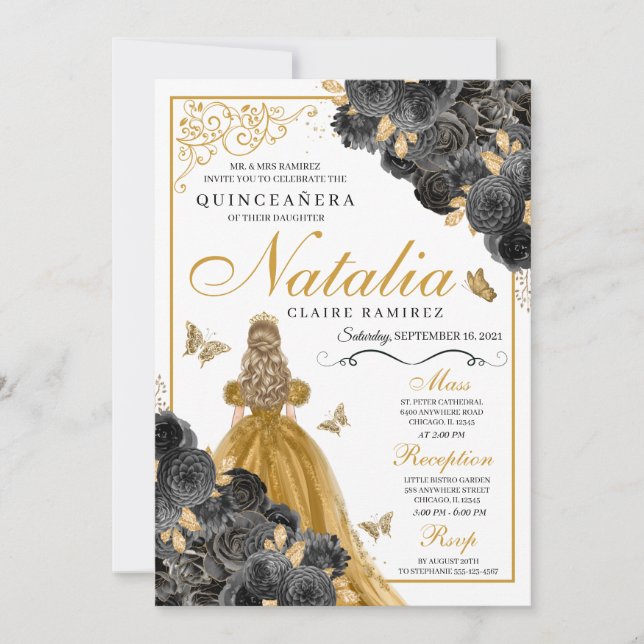Invitación Rosas Purpurinas de oro Mariposa Princesa Quinceañ (Anverso)