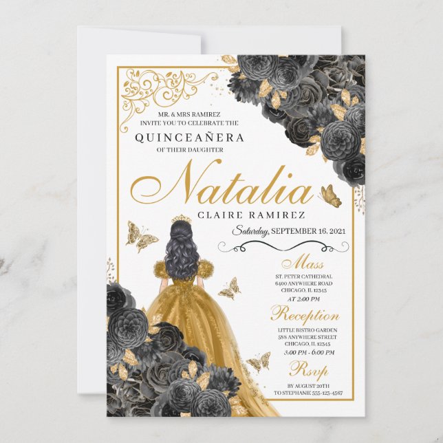 Invitación Rosas Purpurinas de oro Mariposa Princesa Quinceañ (Anverso)