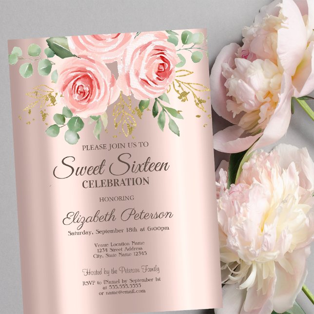 Invitación Rosas, Purpurinas Drips Rosa Dulce de Oro 16 (Subido por el creador)