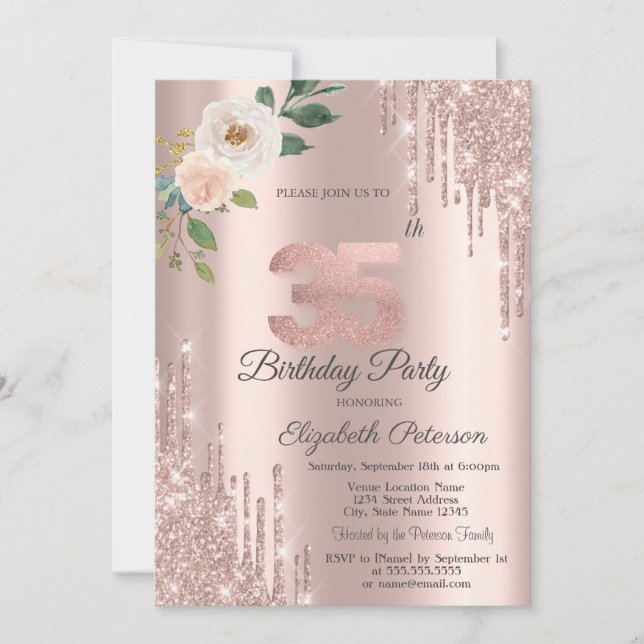 Invitación Rosas Purpurinas Drips Rosa Oro 35 cumpleaños (Anverso)