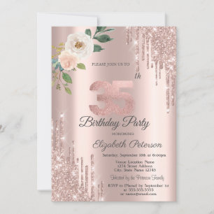 Invitación Rosas Purpurinas Drips Rosa Oro 35 cumpleaños