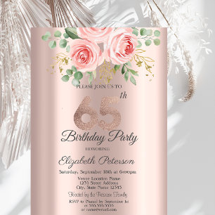 Invitación Rosas Purpurinas Drips Rosa Oro 65 cumpleaños