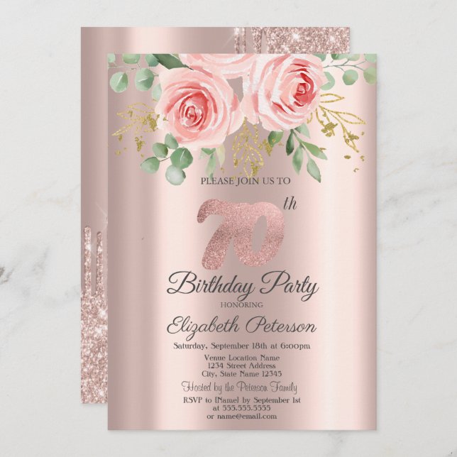 Invitación Rosas, Purpurinas Drips Rosa Oro 70 cumpleaños (Anverso / Reverso)