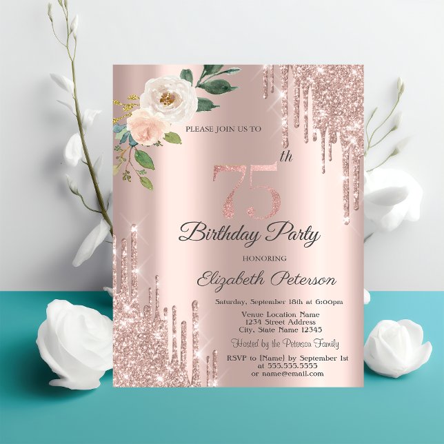 Invitación Rosas Purpurinas Drips Rosa Oro 75 cumpleaños (Subido por el creador)