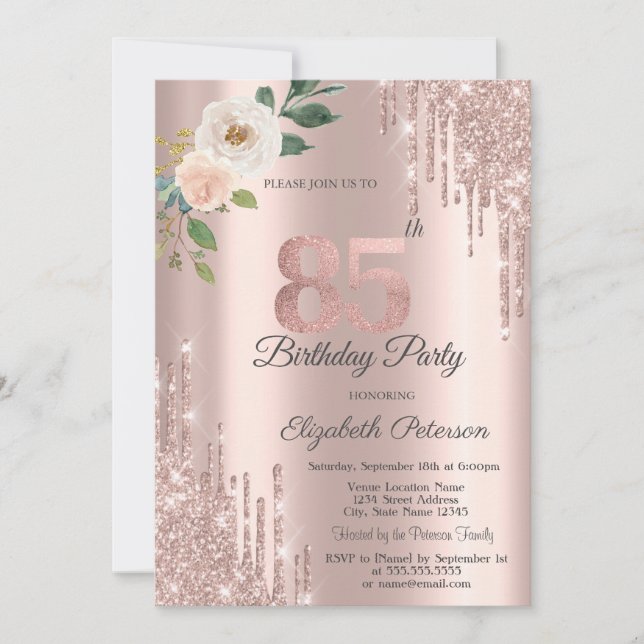 Invitación Rosas Purpurinas Drips Rosa Oro 85 cumpleaños (Anverso)