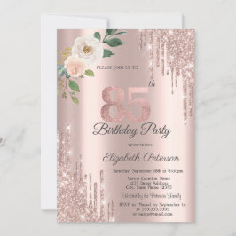 Invitación Rosas Purpurinas Drips Rosa Oro 85 cumpleaños