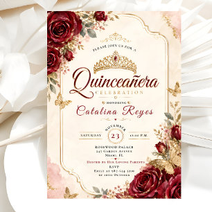 Invitación Rosas Quinceañera Lujo Carmesí y Dorado