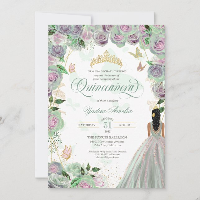 Invitación Rosas Quinceanera Mint Green Elegantes Mariposa In (Anverso)