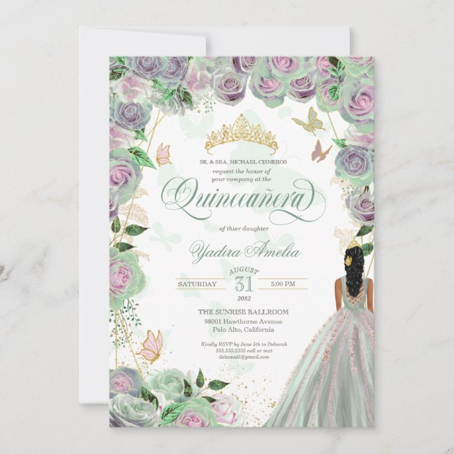 Invitación Rosas Quinceanera Mint Green Elegantes Mariposa In (Anverso)