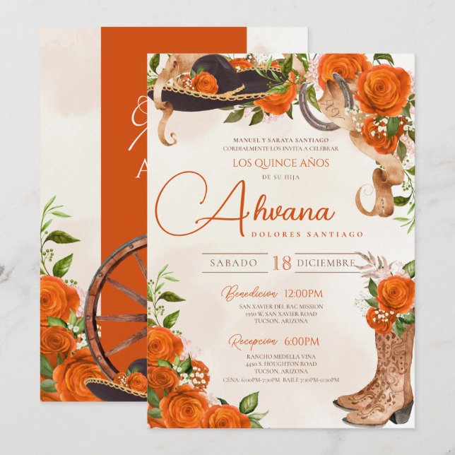 Invitación Rosas Quinceañera Naranja Charro Occidental Antigu (Anverso / Reverso)